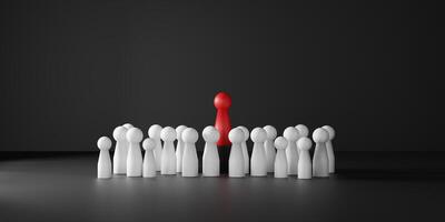 A single red chess pawn standing out amongst a large group of white chess pawns, symbolizing leadership, uniqueness, individuality, strategy, standing out from the crowd in business and competition. photo