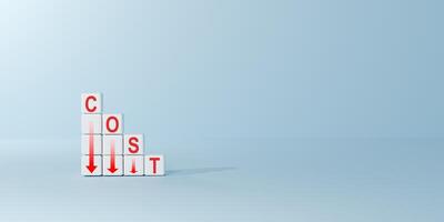 Minimalist white cubes spelling COST with downward red arrows. Symbolizes cost reduction, efficiency, financial savings, and optimized expenses. Budget management, financial planning, and operations. photo