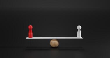 A red doll and a white doll balanced on a seesaw, symbolizing equality, fairness, competition, strategic balance, the dynamics of power and influence in business, leadership, personal growth concepts. photo