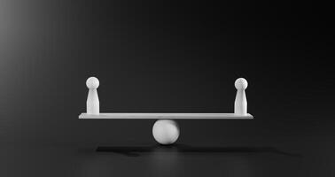 Equality, fairness, a harmonious equilibrium of power or influence in business, relationships, legal matters, personal growth, emphasizing strategic balance, Two white dolls balanced on a seesaw. photo