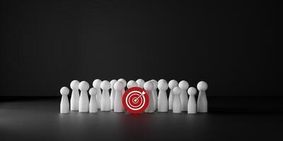 Mission concept of business and personnel in a company. White dolls team standing around red dart board and arrows for creating and target business objectives. Marketing solutions, vision for business photo