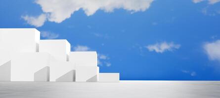 White podium geometric blocks arranged like steps on a concrete surface against a clear blue sky with clouds. Symbolizing progress, growth, career advancement, The path to achieving goals and success. photo