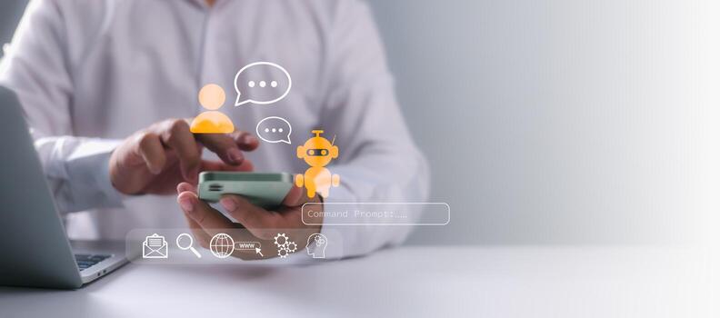 A business professional using a smartphone with chatbot AI and messaging interface icons, illustrating digital communication, virtual assistant services, automation, technology, and future innovation. photo