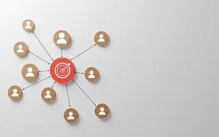 Central red target icon connected by lines to multiple wooden human avatar icon, Customer segmentation, target marketing, audience focus, strategic business outreach for client acquisition. photo