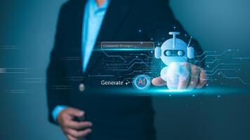 Person interacting with a glowing robot, AI integration, automation, future technology, artificial intelligence development. Machine learning, digital transformation, smart business solutions. photo