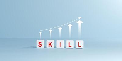 White cubes spelling SKILL with an upward trending line graph and arrows. Symbolizes skill development, learning, growth, continuous improvement in education, career, personal development concepts. photo