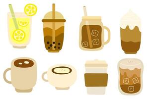 collection of beverages with lemonade, bubble tea, hot latte and americano vector