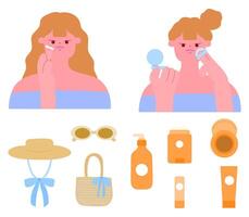woman in sun hat with set of hands holding and applying sunscreen vector