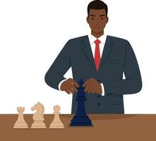 Businessman in suit playing chess with king piece strategy concept illustration vector