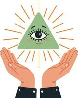 Mystical green triangle with all-seeing eye above hands in protective gesture illustration vector