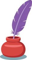 Purple feather quill pen in red ink pot illustration writing tool vector