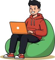 Young man sitting on green bean bag working on orange laptop casual lifestyle illustration vector