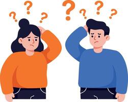 Confused man and woman scratching heads with question marks above illustration vector