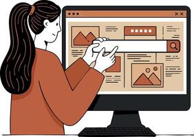 Woman Using Computer for Online Search and Browsing in Modern Workspace Illustration vector