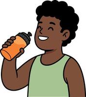 Young man drinking from orange sports bottle smiling in casual green tank top illustration vector