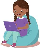 Girl using laptop sitting on bean bag comfortable casual learning illustration vector