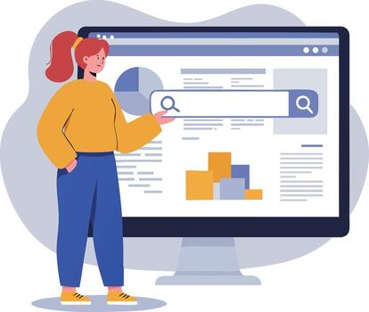 Woman Searching Data on Computer Screen with Graphs and Charts Illustration vector