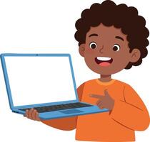 Boy holding blue laptop computer smiling happy technology device illustration vector