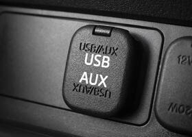 Closeup of car USB port and AUX input. Automotive connectivity in-car audio and charging. photo