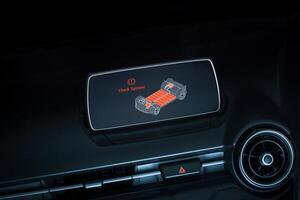 Electric car display, Check System warning on EV battery, automotive diagnostic screen, vehicle issue. Electric Vehicle Technology concept photo
