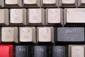 Overhead shot key caps in three different colors. Macro Photography of mechanical keyboard with red, black and cream colors. Dirty keycaps with dirt and crust closeup. Textured Backgrounds photo