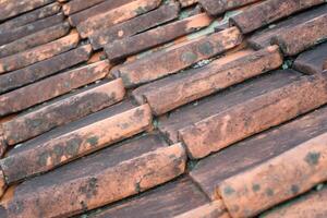 Side view of mossy clay tile roof. Textured background of old tile roof. Abstract detailed backgrounds. Roof of house covered in moss and cracks due to weather. Negative space photo