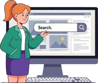 mujer utilizando escritorio computadora para en línea buscar y hojeada ilustración vector