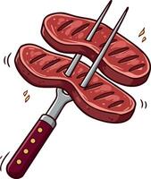Grilled steak pieces on fork illustration with brown handle image vector