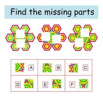 Mind game. Task for the development of logic for kids. Find the missing pieces. vector