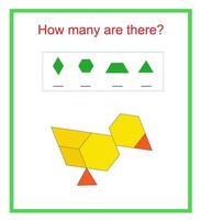 Math activity for kids. How many geometric shapes illustration of cartoon chick. vector