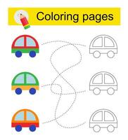 Educational game for kids. Go through the maze and color a cartoon car according to the pattern. vector