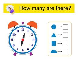 Math activity for kids. How many geometric shapes clock. vector