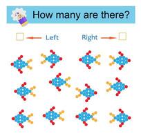 Math activity for kids. Developing numeracy skills. Cartoon blue fish. vector