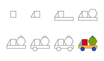 Worksheet easy guide to drawing cartoon truck. Simple step-by-step drawing tutorial for kids vector