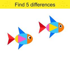 Find 5 differences. Logic puzzle game for kids. Cartoon colorful fishes. vector