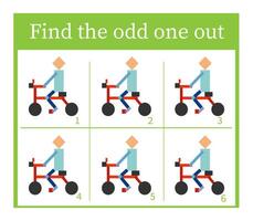 Puzzle game for kids. Task for development of attention and logic. Cartoon biker. vector