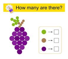 Math activity for kids. Number range up to 15. Cartoon grape. vector