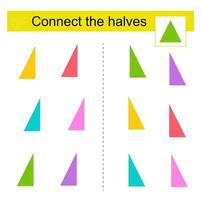 Logic game for kids. Find the halves of shapes. Printable page for brainteaser book. vector