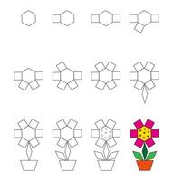 Worksheet easy guide to drawing cartoon flower. Simple step-by-step drawing tutorial for kids. vector