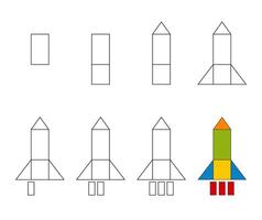 Worksheet easy guide to drawing cartoon Rocket ship. Simple step-by-step drawing tutorial for kids. vector