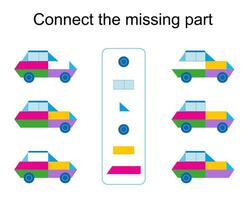 Connect the missing part. Task for the development of attention and logic. illustration of the cartoon car. vector
