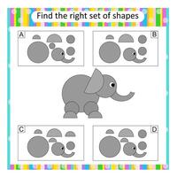 Logic puzzle for kids. Find the correct set of cartoon elephant. Answer is D. vector