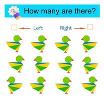 Left or Right. Logic game for kids. Count how many birds are turned left and how many are turned right. vector