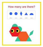 Math activity for kids. How many geometric shapes illustration of comic animal. vector