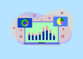A colorful illustration of a laptop screen displaying various charts and graphs, representing data analysis, business intelligence, or statistical research. vector