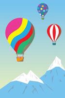 Illustration of colorful hot air balloons floating over snowy mountains, depicting a scenic adventure in a serene sky. Vibrant and minimalistic flat design. vector