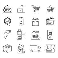A collection of shopping and commerce line icons, including a shopping cart, barcode scanner, credit card, delivery truck, and more. Ideal for e-commerce, retail, and business designs vector