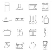 Minimalist kitchen appliance icons set featuring 16 line art illustrations of common kitchen tools and equipment, ideal for culinary projects, infographics, and design. vector