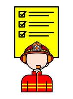 Flat icon of a firefighter with a checklist, wearing a helmet and headset, representing emergency response, safety, and fire department coordination vector