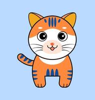 Adorable cartoon orange cat with big eyes and a playful smile on a blue background, perfect for kids products, prints, and digital content. vector